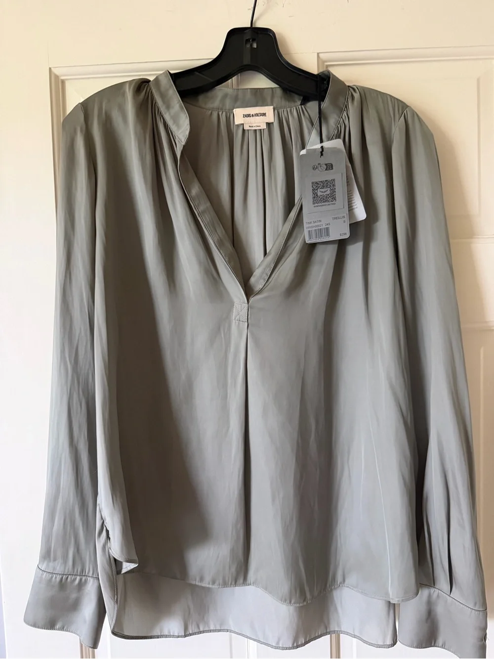Zadig & Voltaire Tink Satin Sage Green V-Neck Long-Sleeve top - Picture 4 of 4